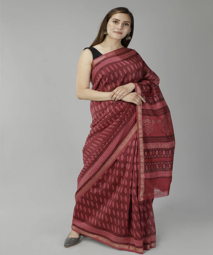 Maroon bagru handblock printed cotton silk saree