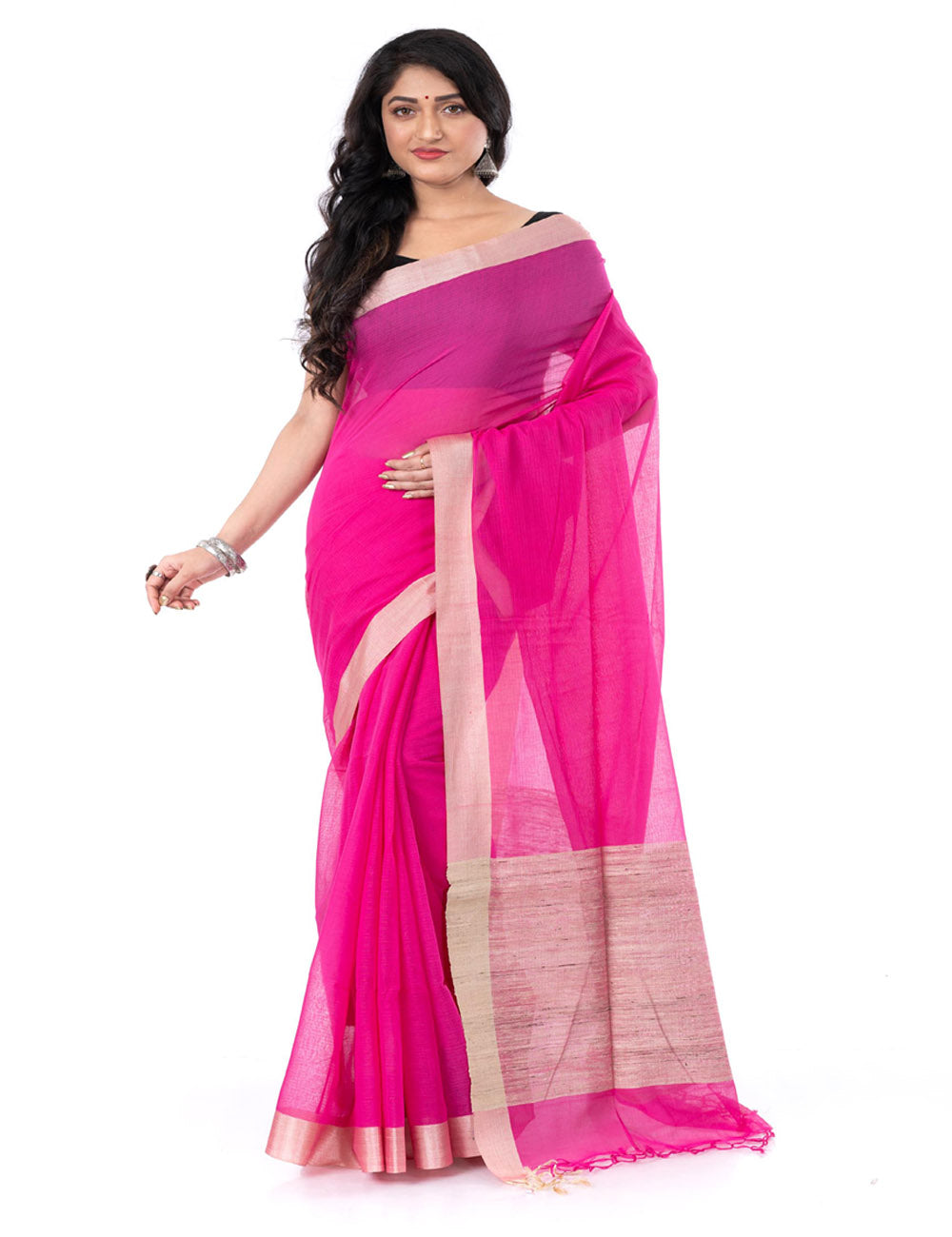 Pink handloom bengal cotton tangail saree