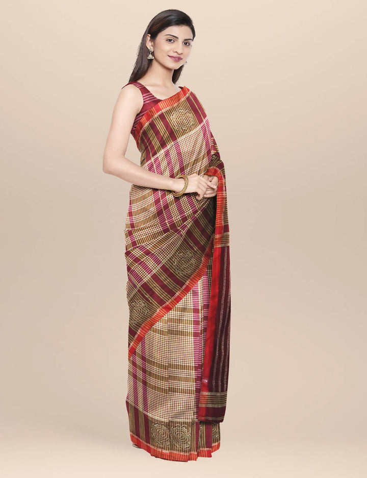 Maroon Cotton Handwoven Checks and Hand Block Printed Saree