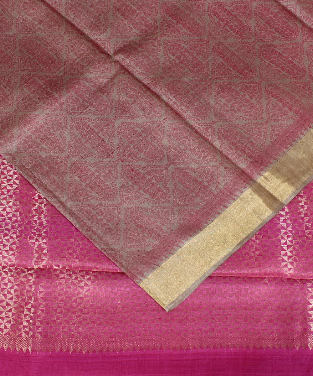 Beige pink handwoven kosa tussar silk saree