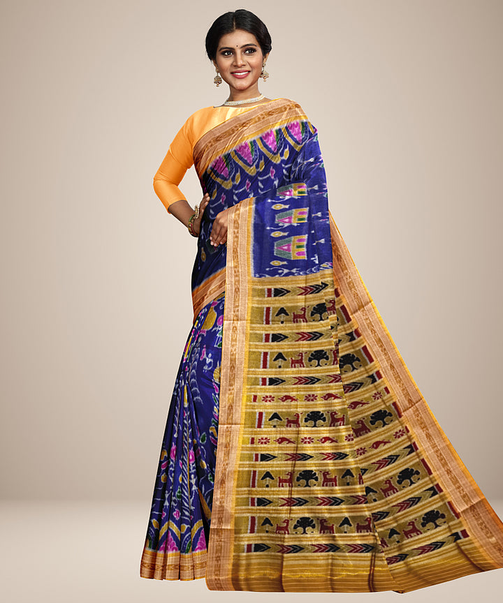 Navy blue yellow silk handwoven khandua saree