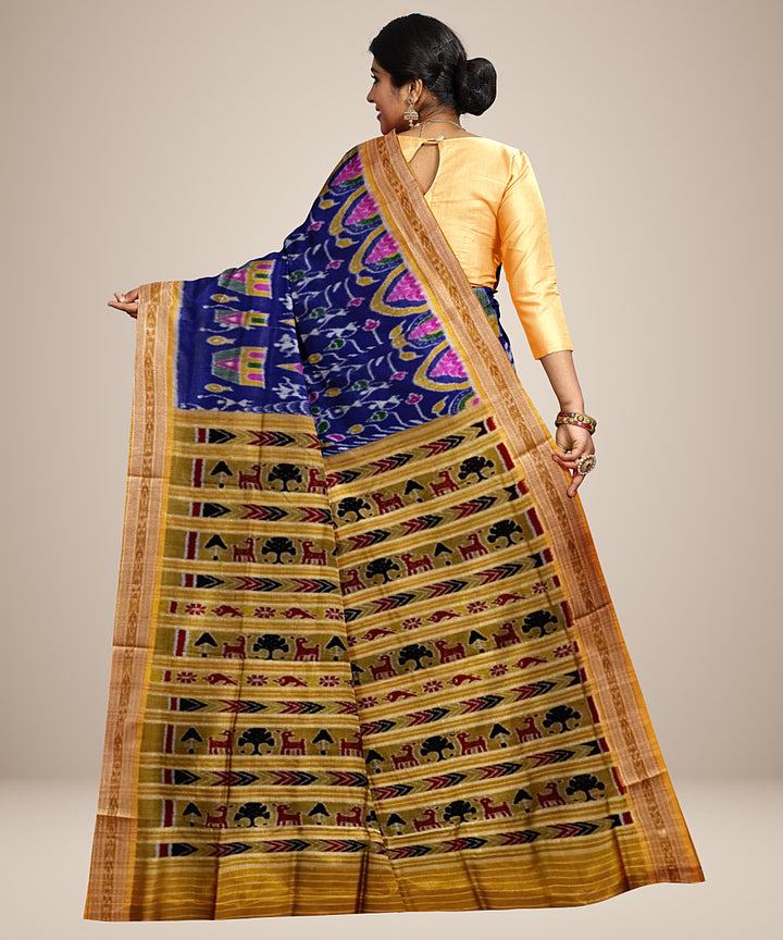 Navy blue yellow silk handwoven khandua saree