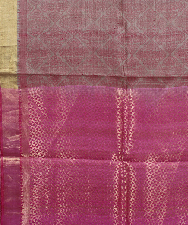 Beige pink handwoven kosa tussar silk saree