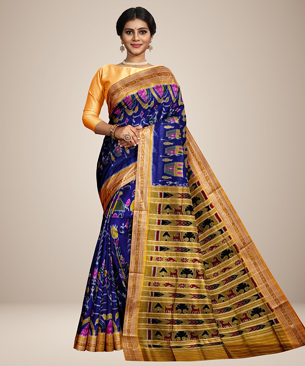 Navy blue yellow silk handwoven khandua saree