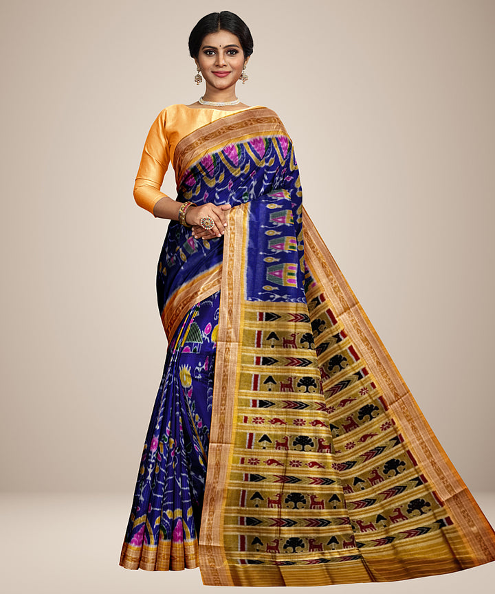 Navy blue yellow silk handwoven khandua saree