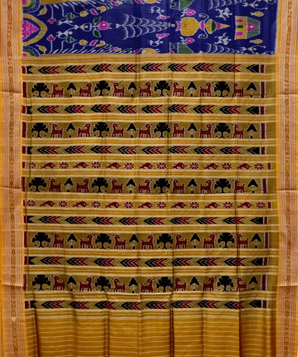 Navy blue yellow silk handwoven khandua saree