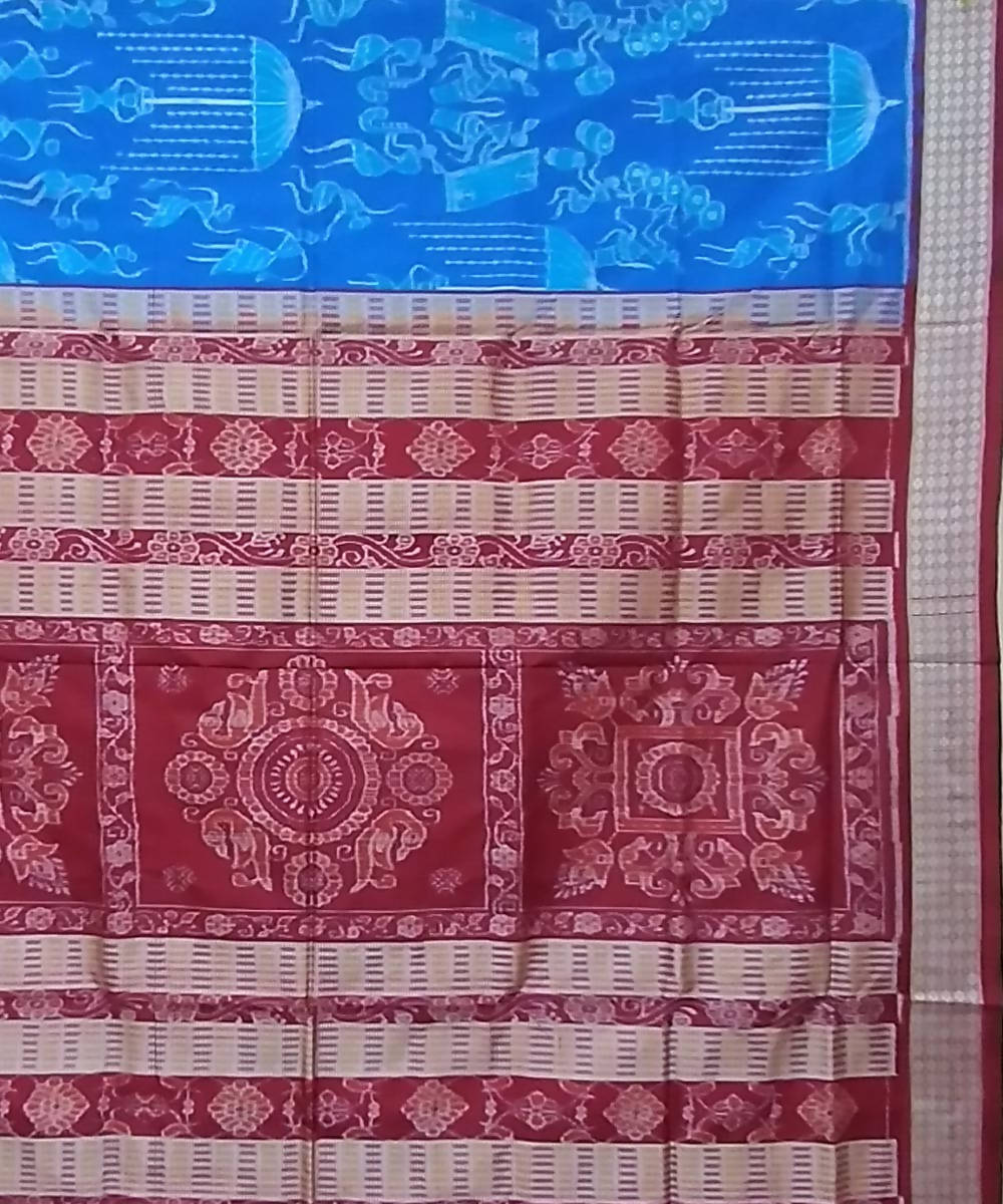 Electric blue maroon handwoven silk sambalpuri saree