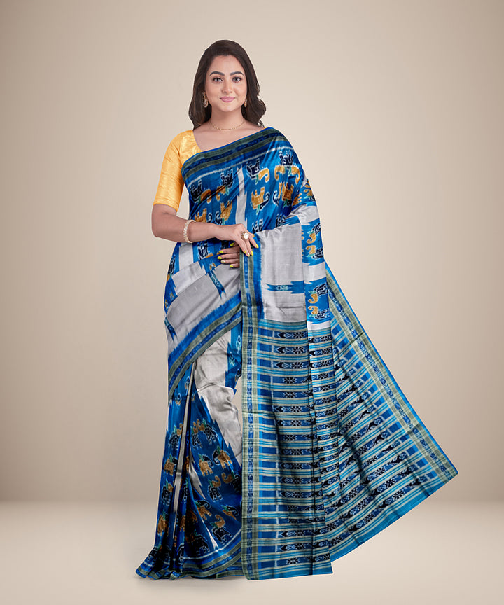 Grey sky blue silk handwoven bandha anchal khandua saree