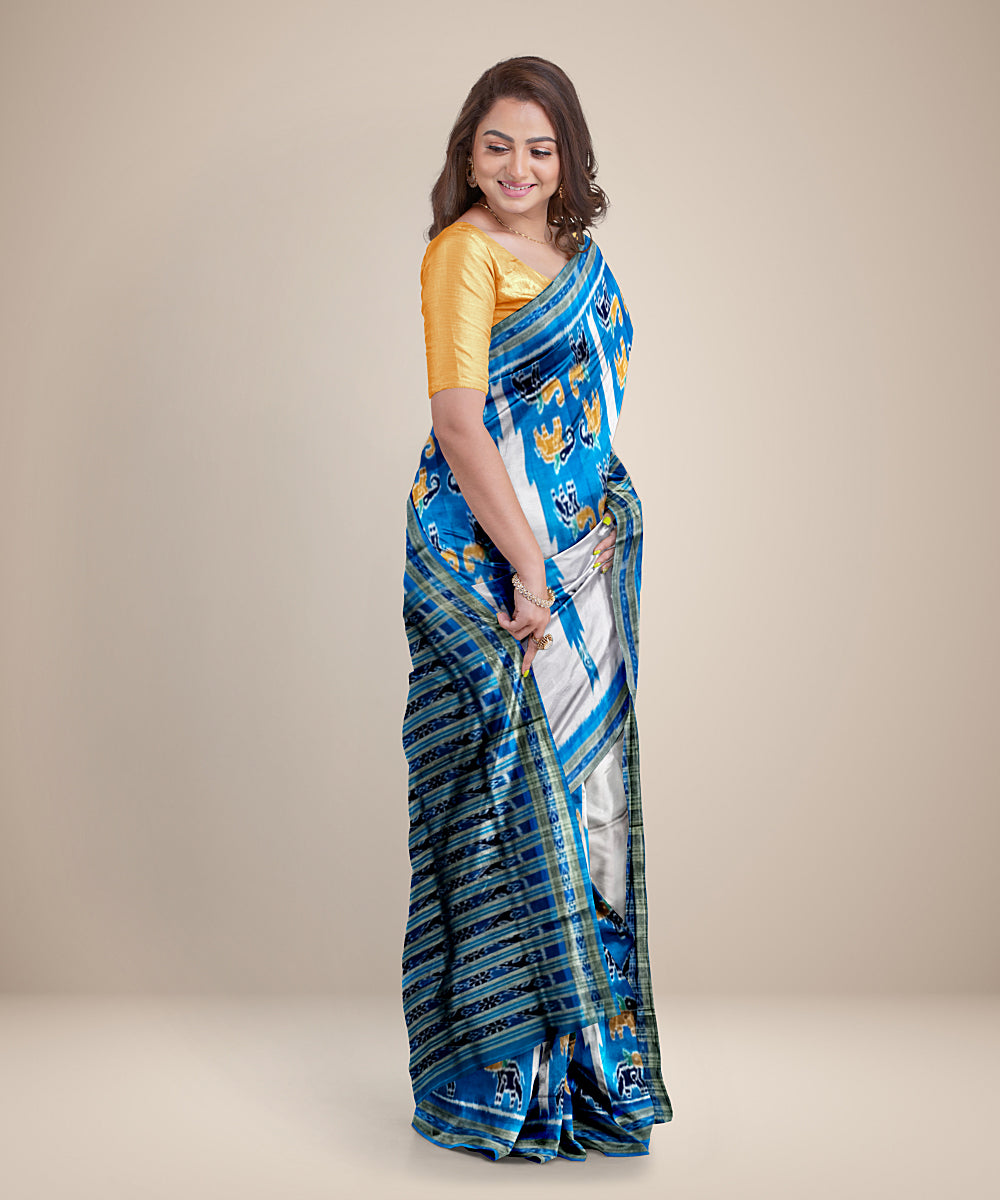 Grey sky blue silk handwoven bandha anchal khandua saree