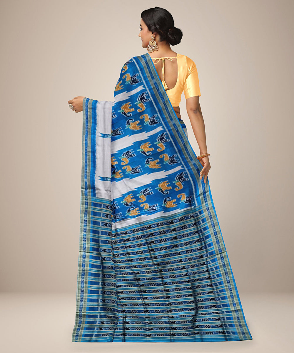 Grey sky blue silk handwoven bandha anchal khandua saree