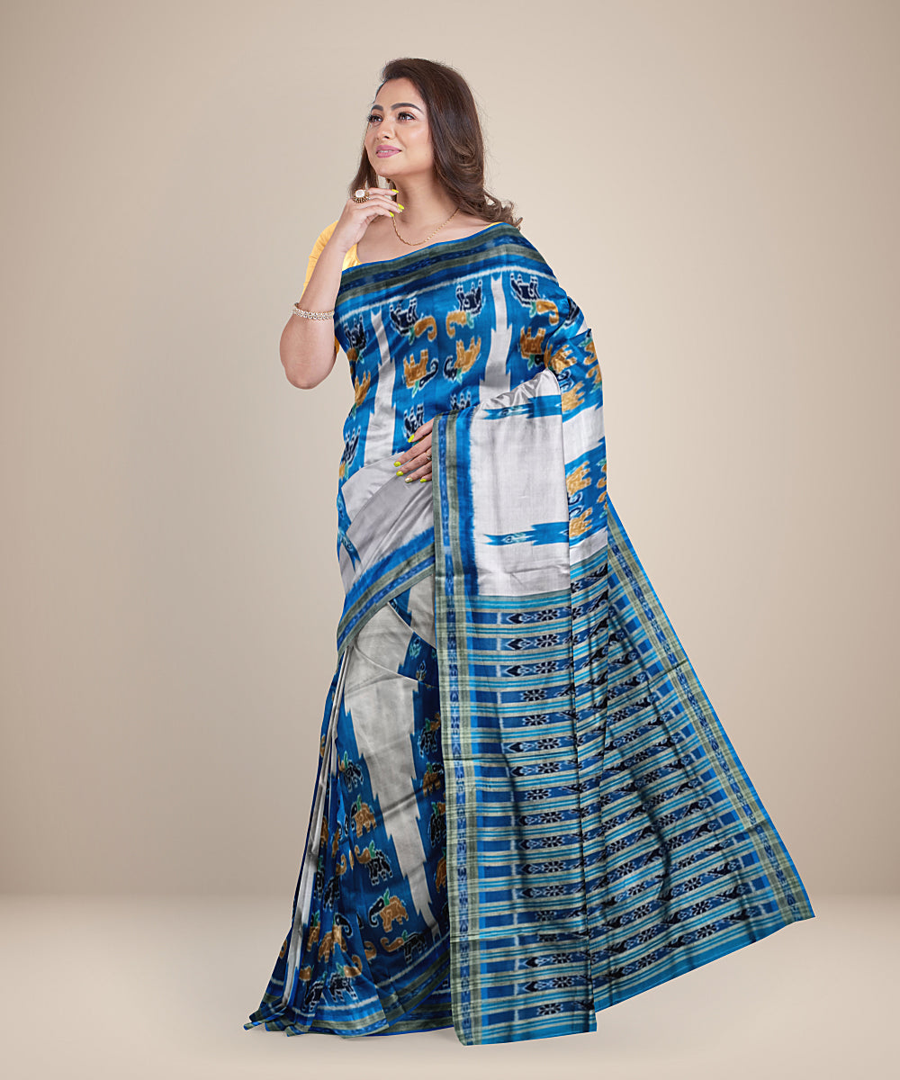 Grey sky blue silk handwoven bandha anchal khandua saree