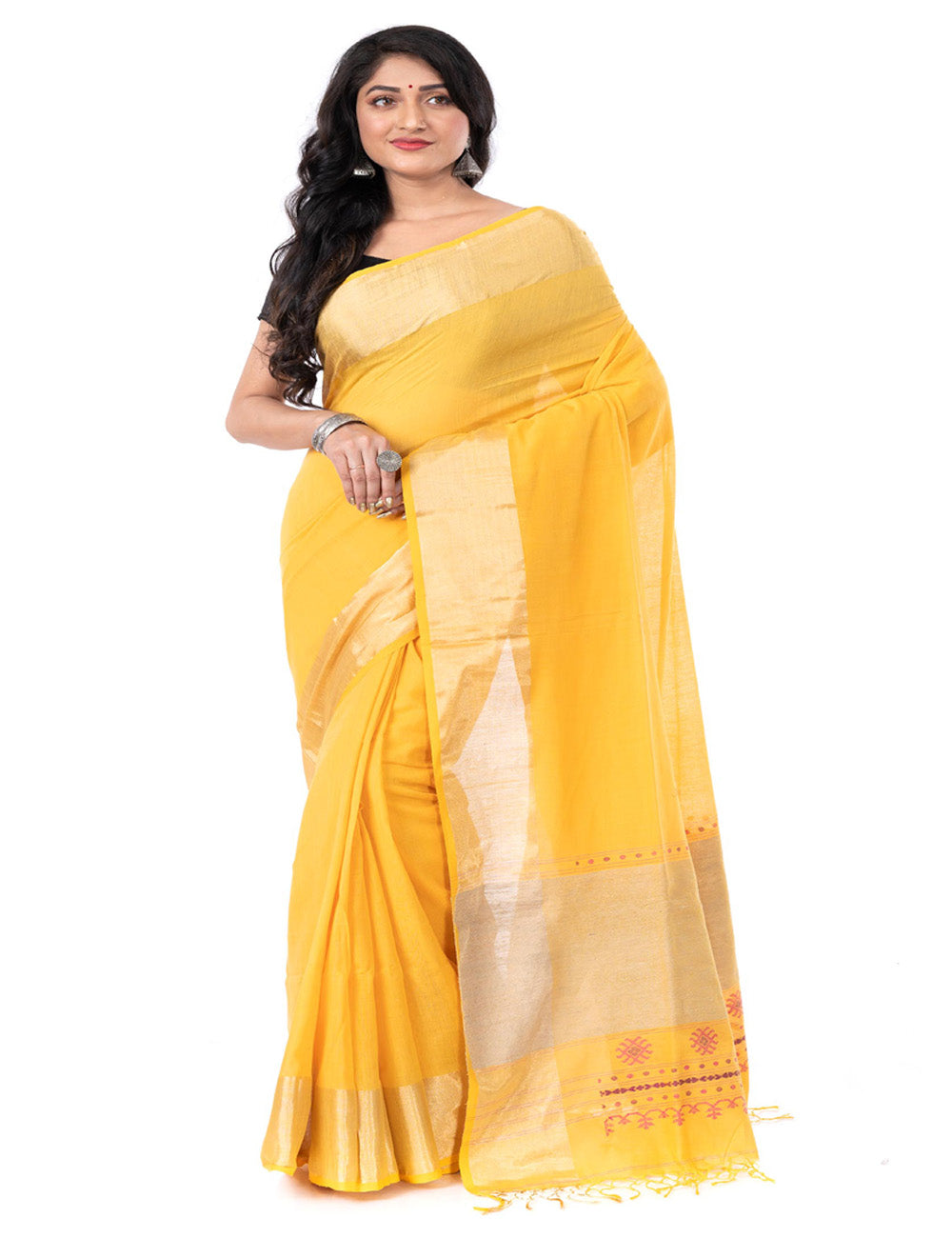 Yellow handloom bengal cotton tangail saree