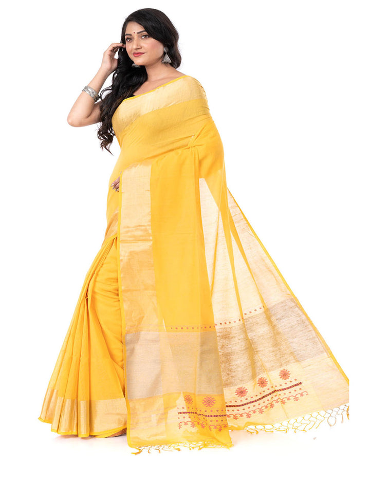 Yellow handloom bengal cotton tangail saree