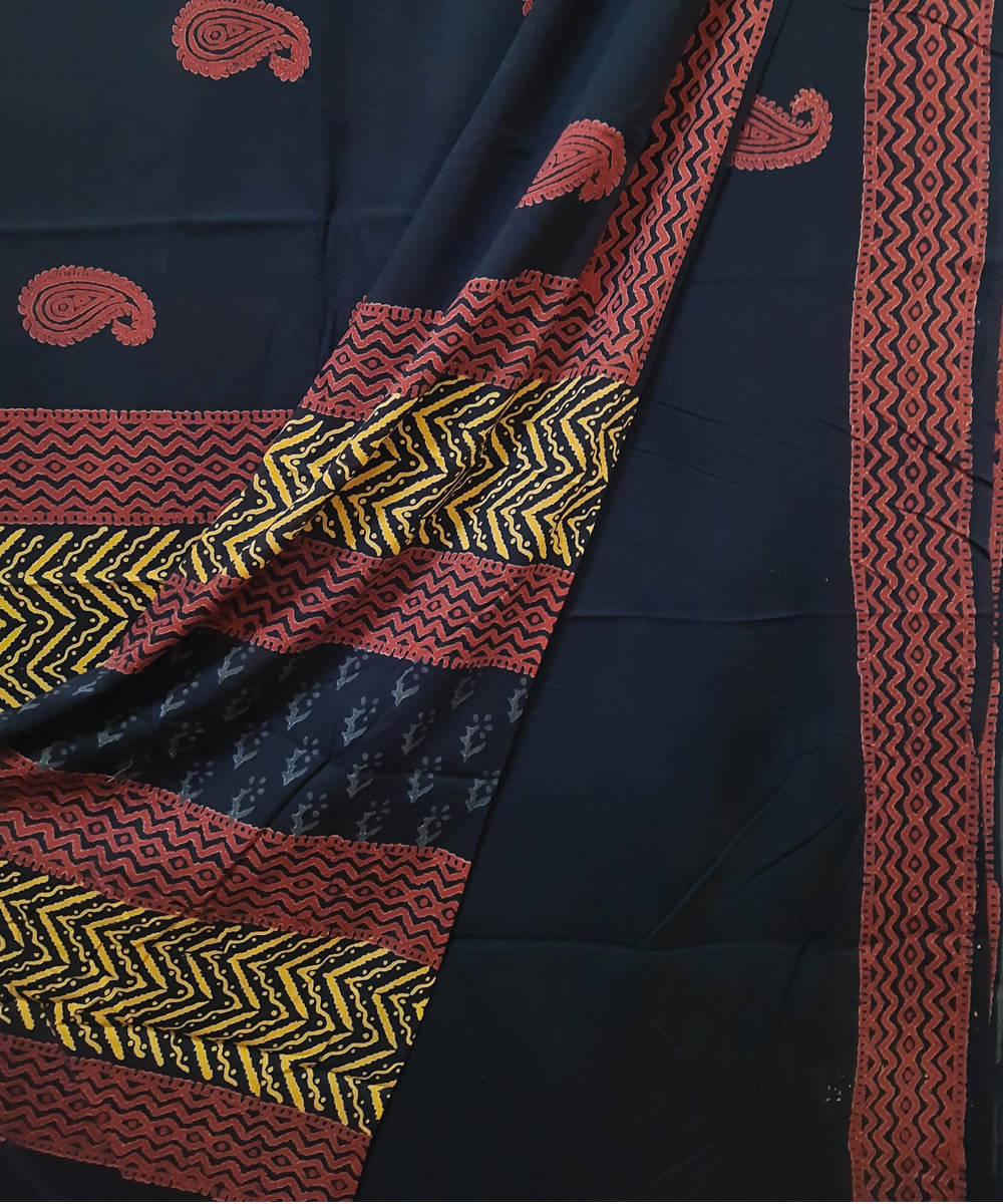 Black red yellow hand block printed cotton saree