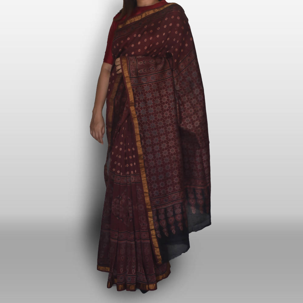 Maroon ajrakh saree on chanderi nakshi border