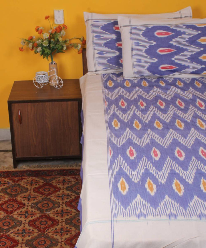 Blue White Handloom Ikkat Doulbe Cot Bedsheet