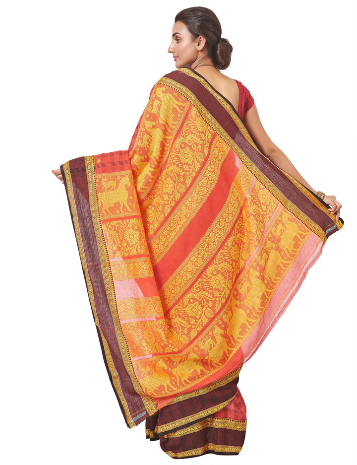 Biswa bangla handwoven red Hand Spun Pure Cotton Saree