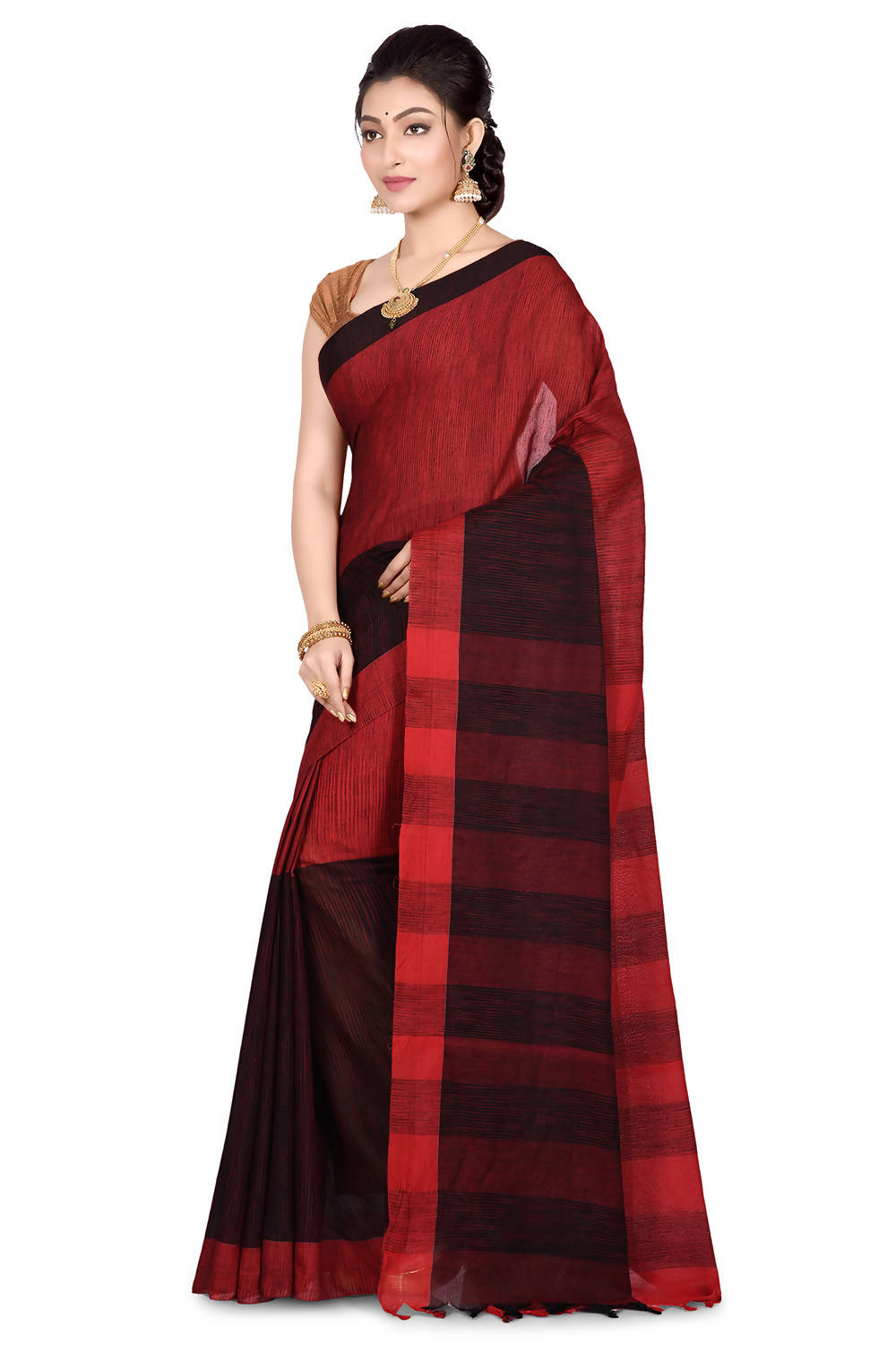 Handwoven Red and Black Cotton Saree