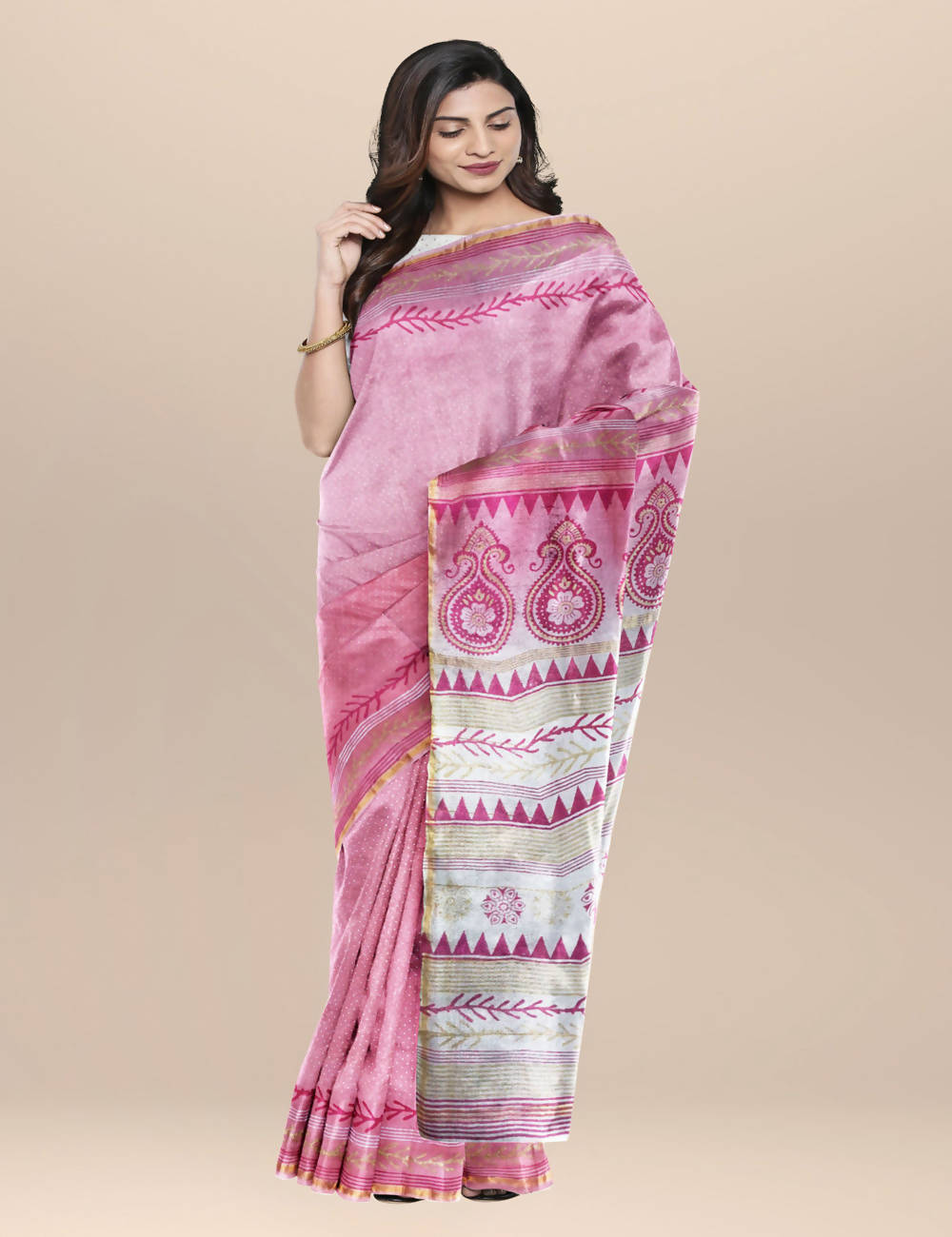 Pink and white Chanderi cotton silk Saree with Hand Block Print