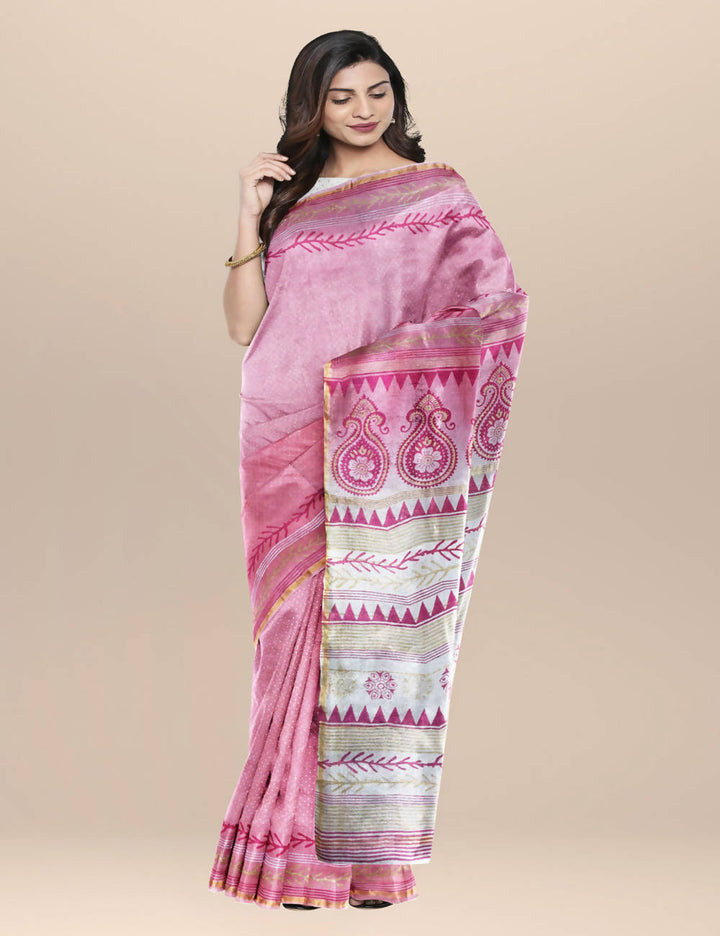 Pink and white Chanderi cotton silk Saree with Hand Block Print