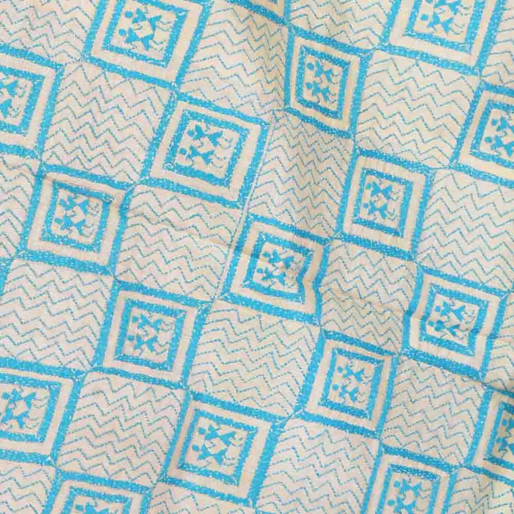 Beige and blue kantha stitch hand embroidery handloom silk dupatta