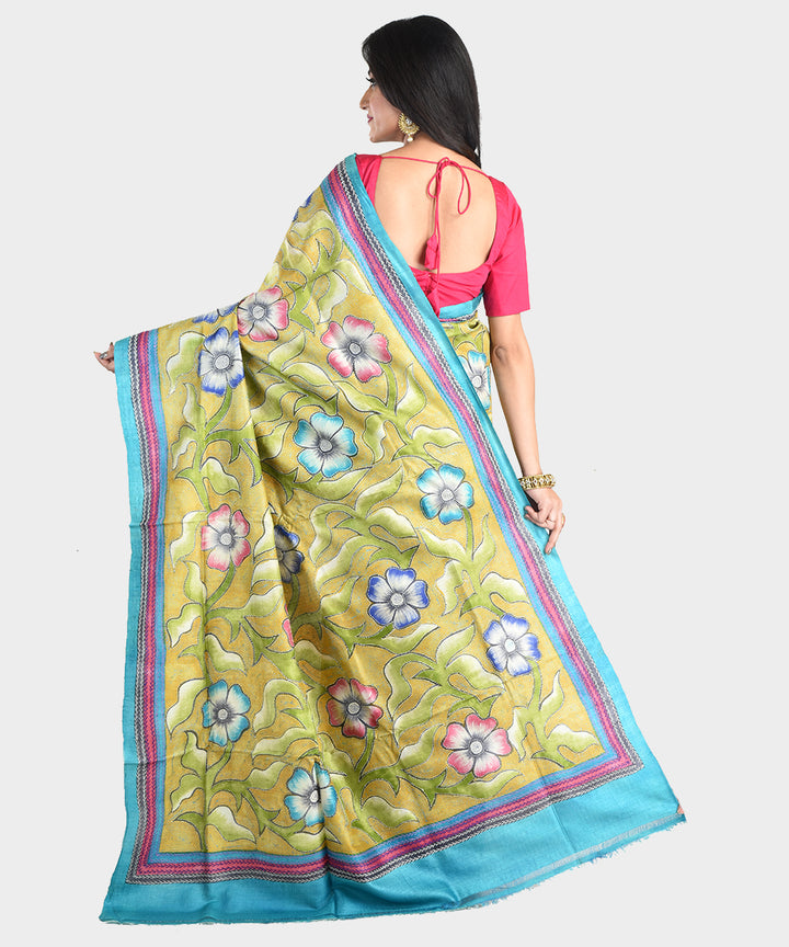 Light green pink hand embroidery kantha stitch tussar silk saree