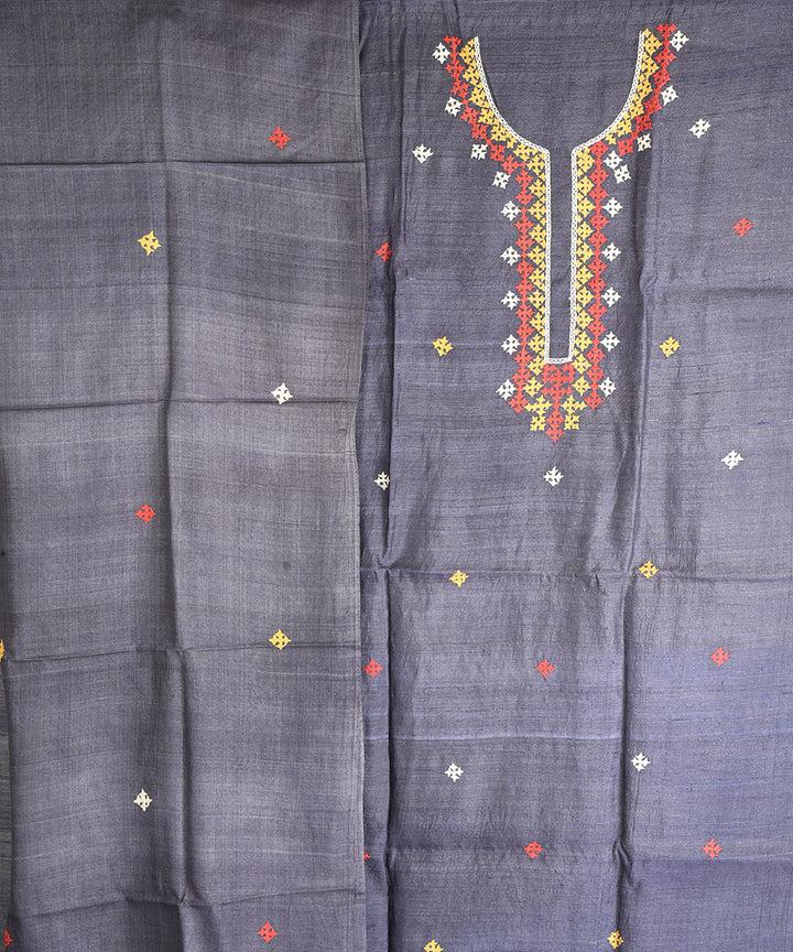 2pc Grey blue hand embroidery tussar silk dress material