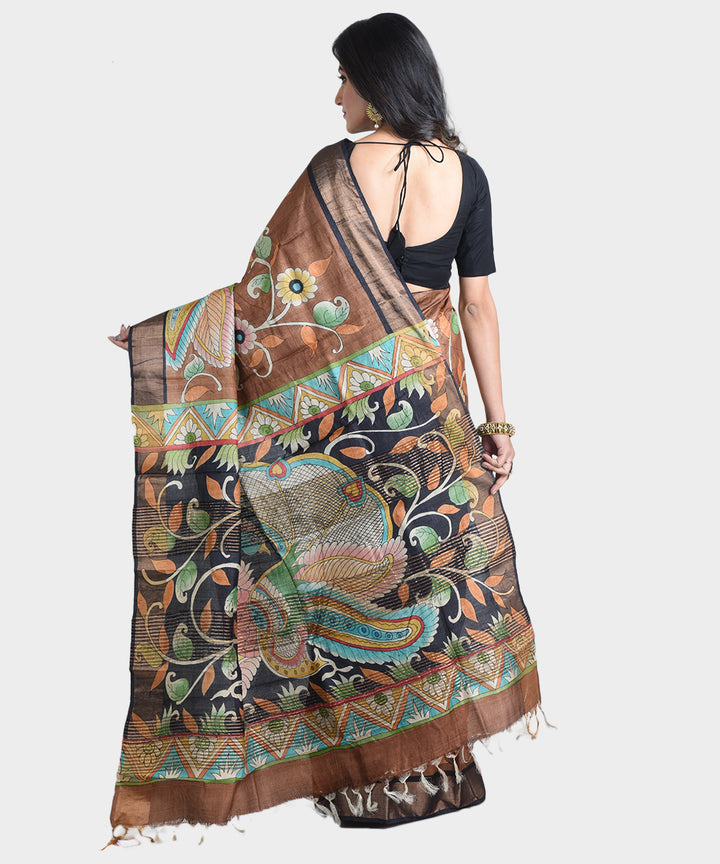Dark brown hand painted kalamkari tussar silk saree