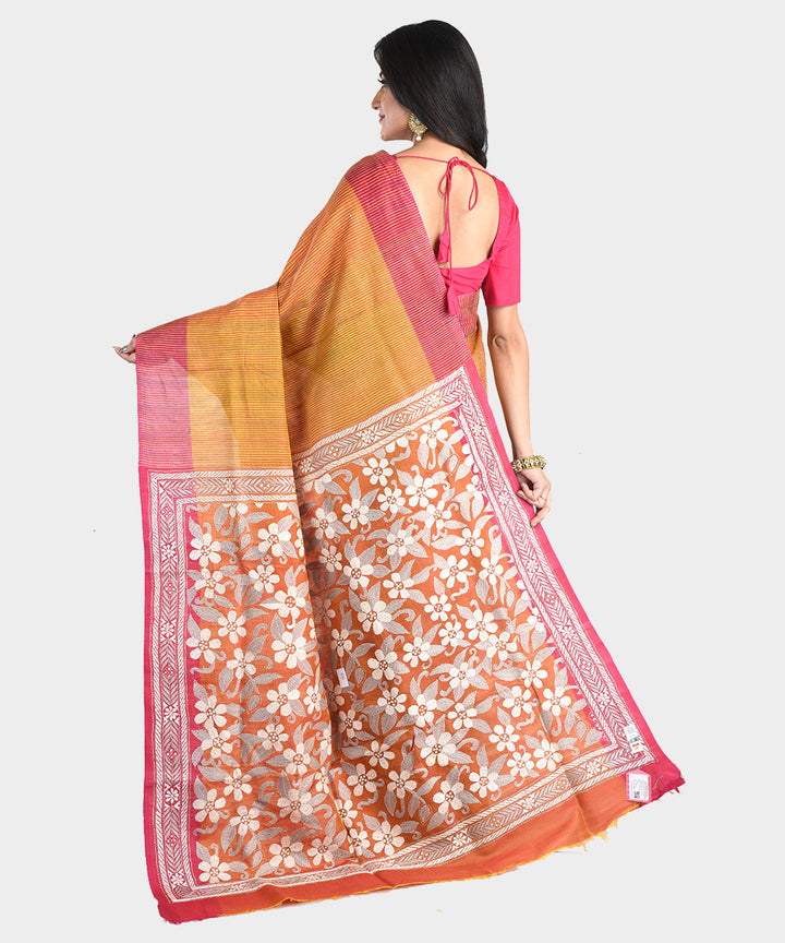 Mustard and pink hand embroidery kantha stitch silk saree