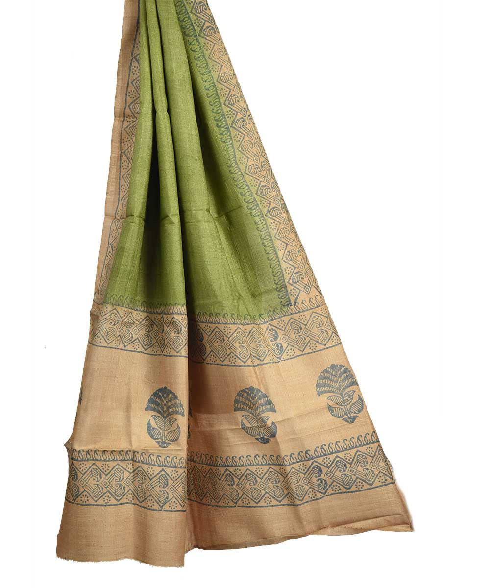 Lime green beige hand block print tussar silk dupatta