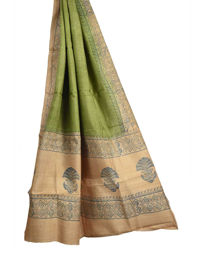 Lime green beige hand block print tussar silk dupatta
