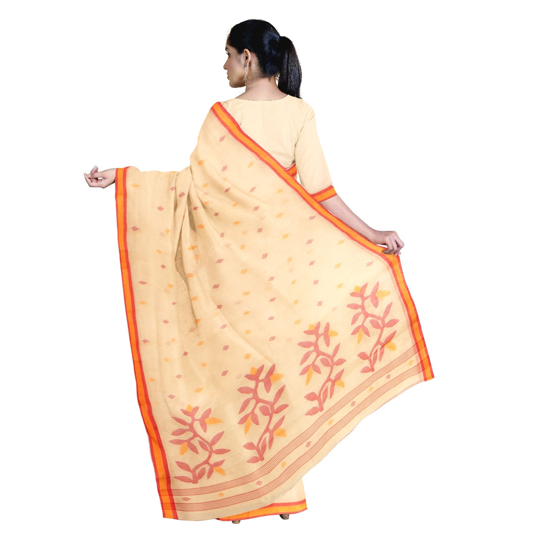 Tantuja light orange handloom cotton jamdani saree