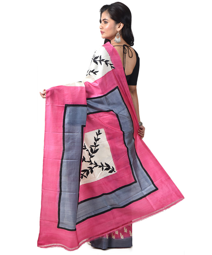 White pink silk bengal hand block print saree