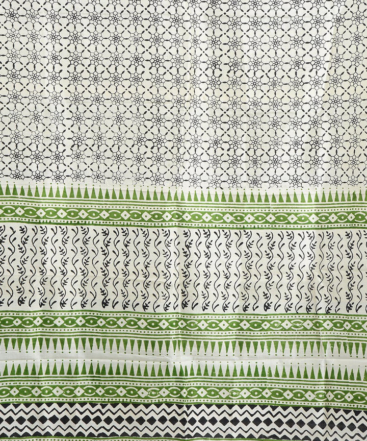 White green hand block print silk dupatta