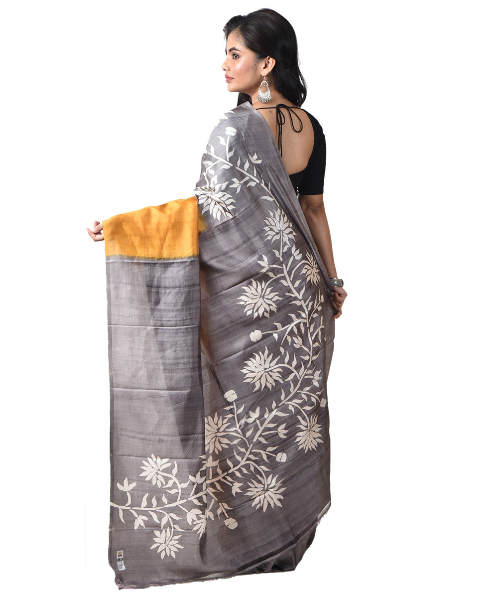 Yellow grey silk bengal hand block print saree