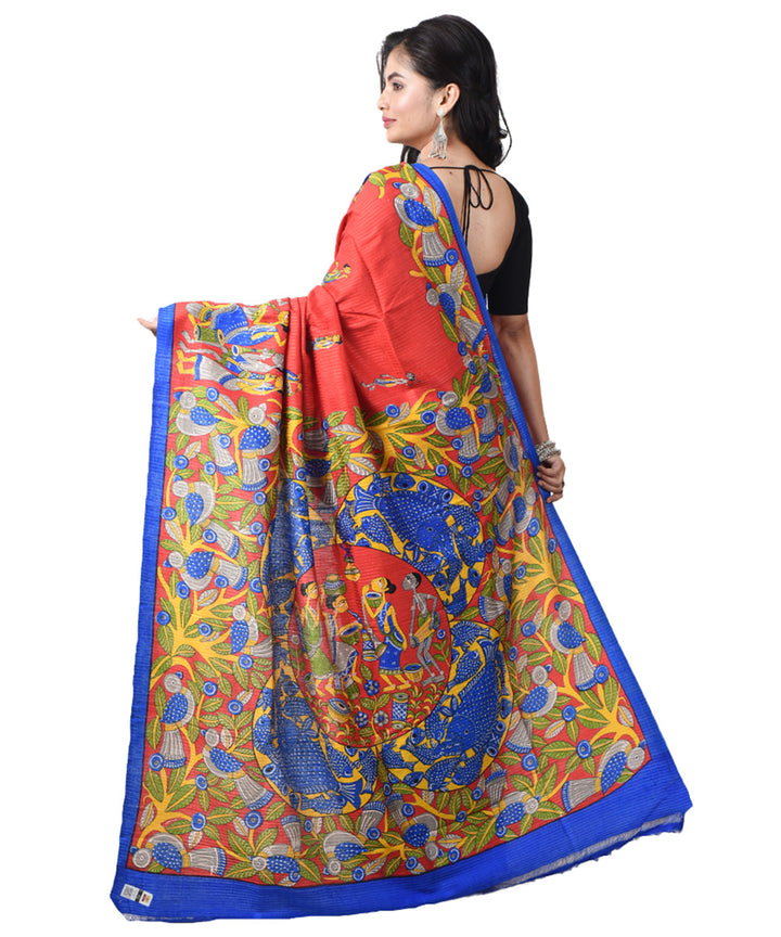 Red multicolor silk bengal hand block print saree