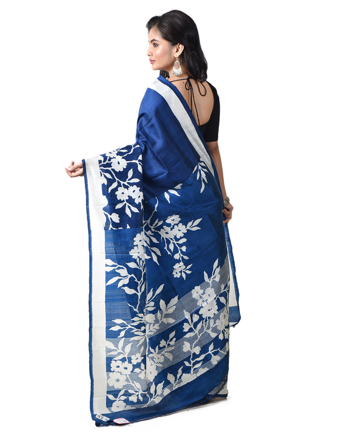 Navy blue silk bengal hand block print saree