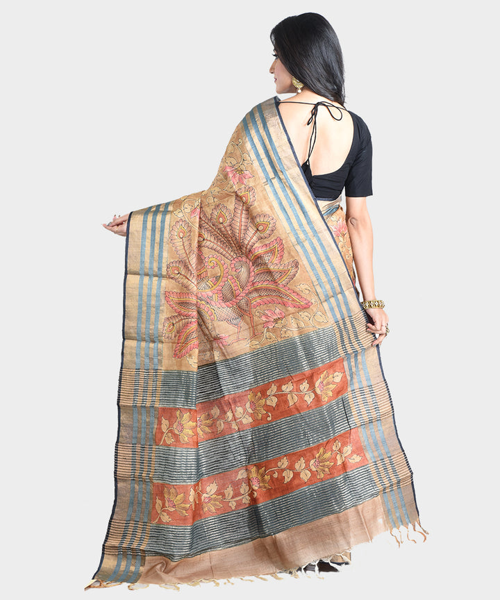 Brown hand painted kalamkari tussar silk saree