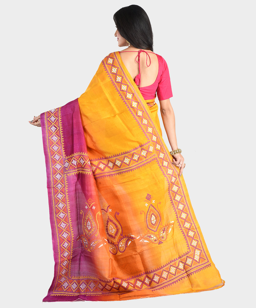 Mustard and purple hand embroidery kantha stitch silk saree