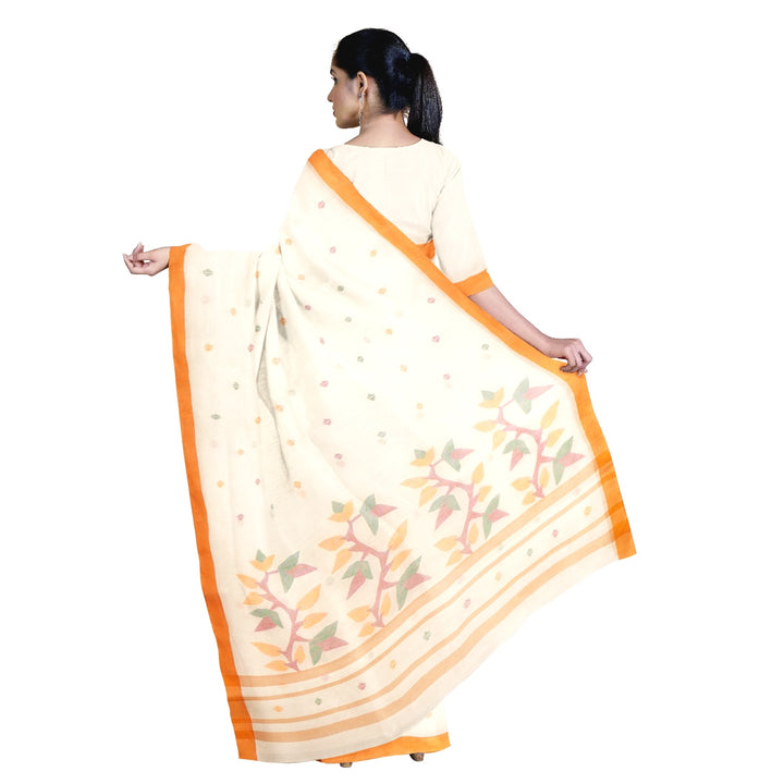 Tantuja beige and orange handloom cotton jamdani saree