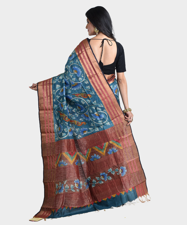Blue hand painted kalamkari tussar silk saree