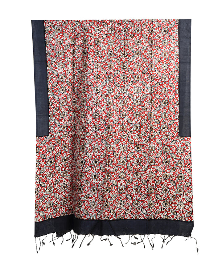 Black red bengal hand block printed silk dupatta