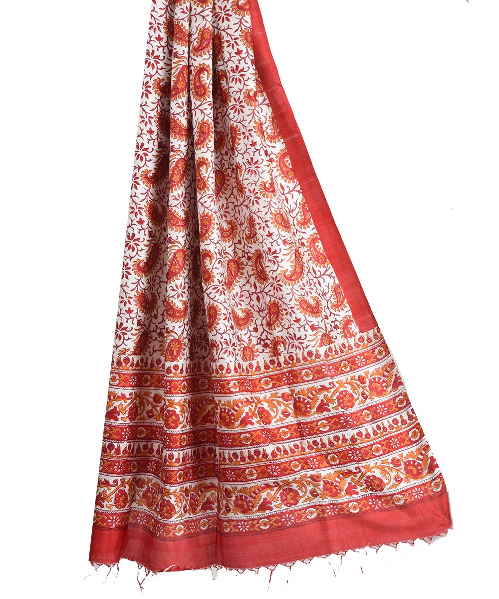 Red white hand block print silk dupatta
