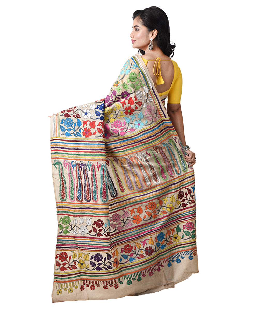 Beige tussar silk hand embroidery bengal kantha stitch saree