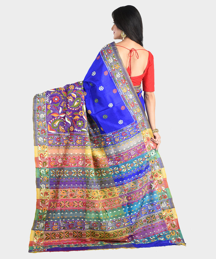 Navy blue hand embroidery kantha stitch silk saree