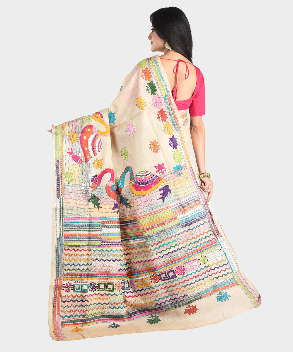 Beige with multicolor hand embroidery kantha stitch tussar silk saree
