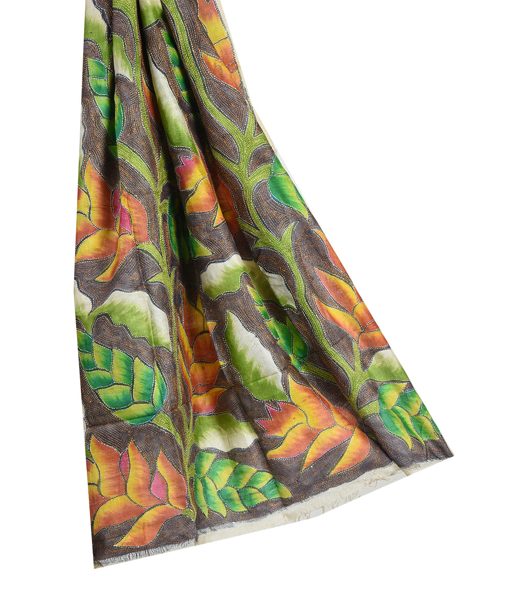 Multi color hand embroidery tussar silk dupatta
