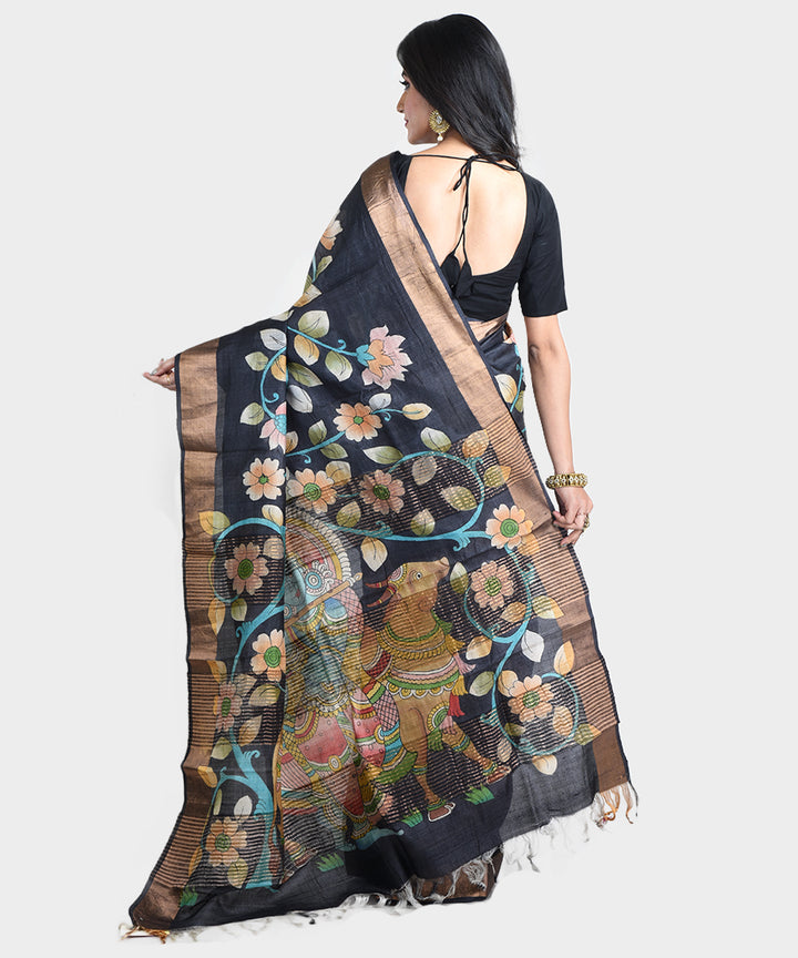 Black hand painted kalamkari tussar silk saree