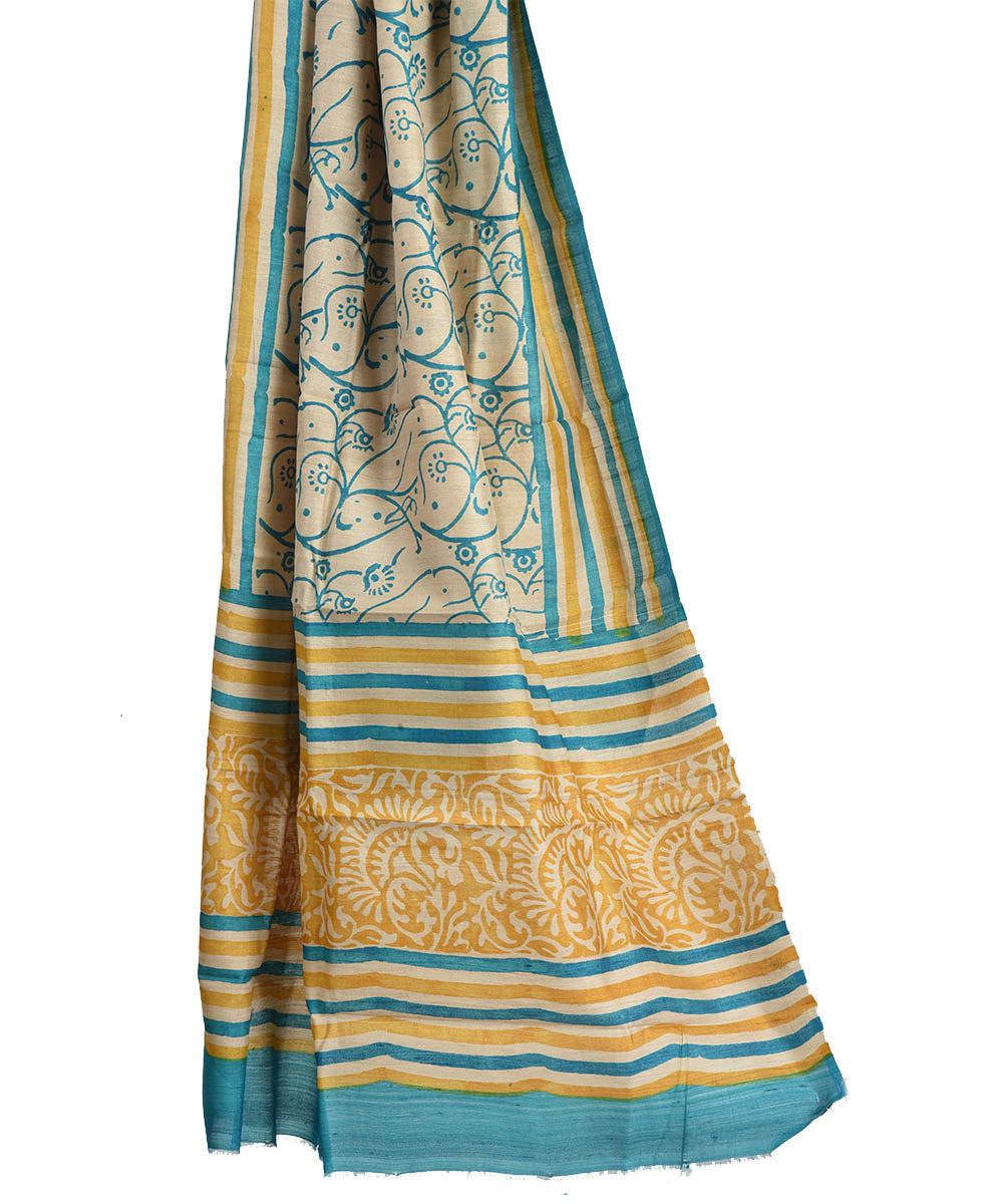 Beige mustard hand block print tussar silk dupatta
