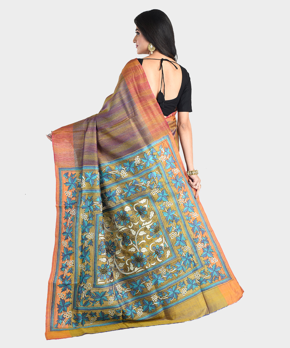 Brown orange double shade hand embroidery kantha stitch silk saree